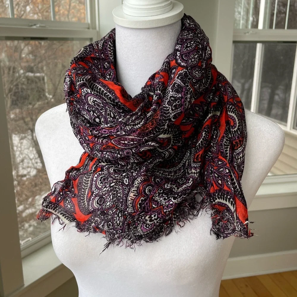 The Limited Violet Orange White Paisley Print Sheer Fringe Wrap Scarf